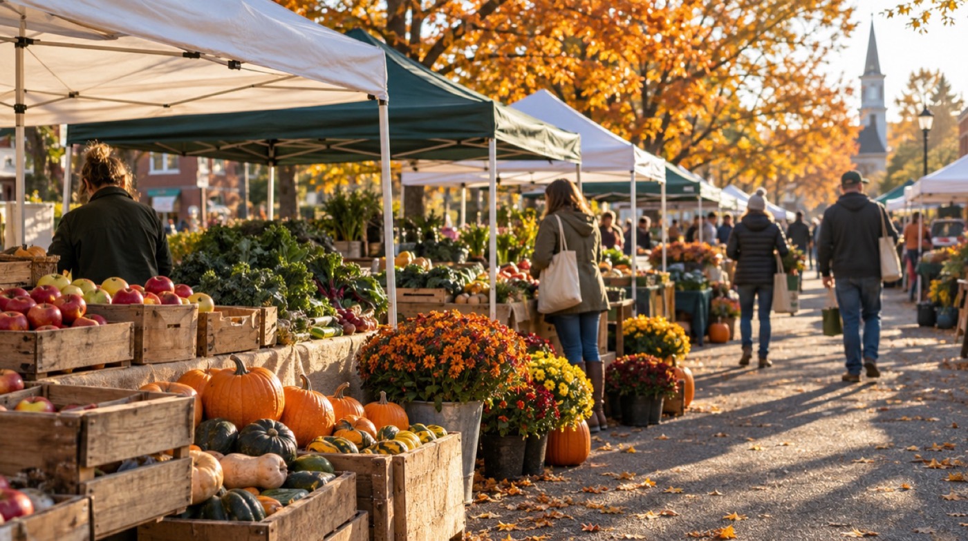 Shoppers walking between produce stalls at an autumn farmers market